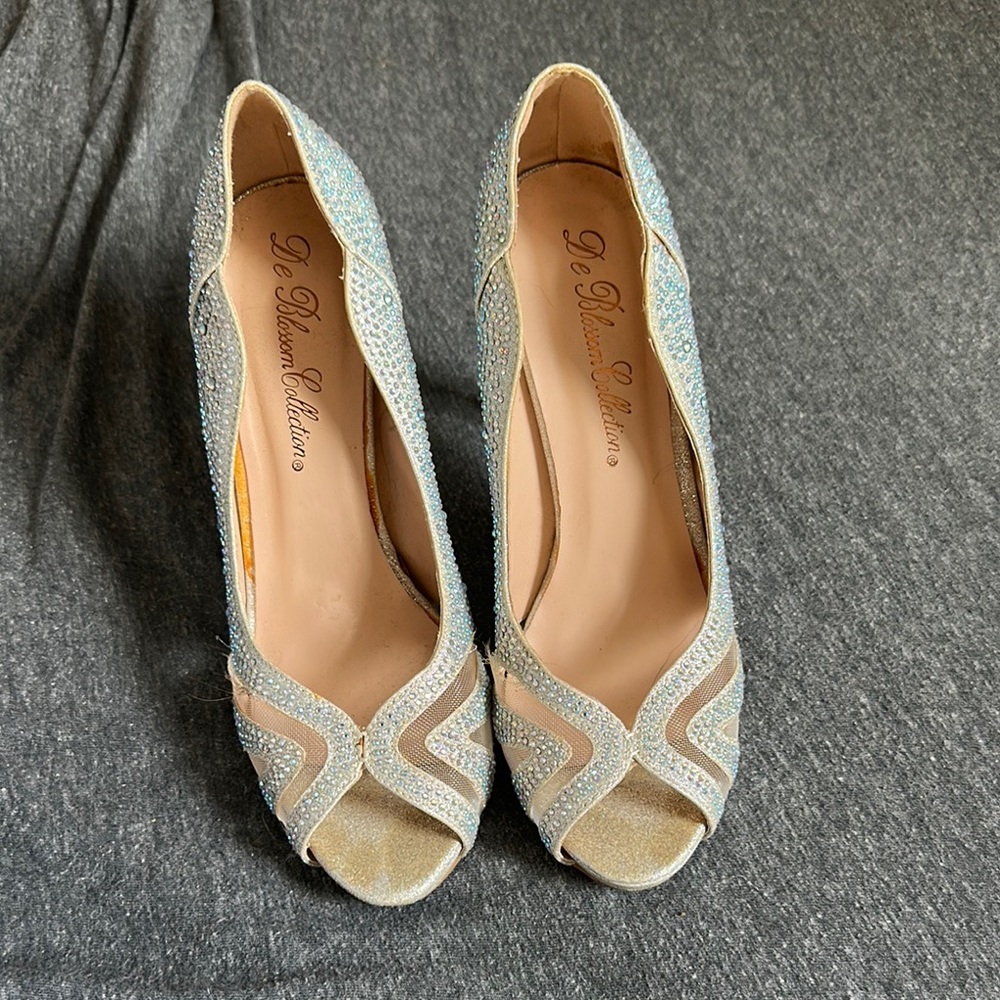De Blossom Collection Silver and Cream Peep-Toe Heels